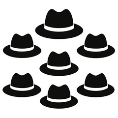 Set of black fedora hats vector on white background.