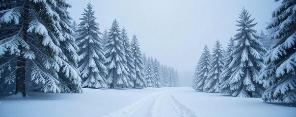 Serene winter landscape, heavy snowfall blanketing a snow-covered forest with soft, fluffy flakes gently falling  Perfect for winter, holiday, or nature themes ,  woodland,  atmosphere,  forest
