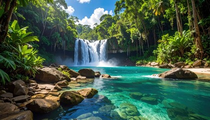 A tranquil waterfall cascading into a crystal-clear pool nestled within a lush, verdant jungle.