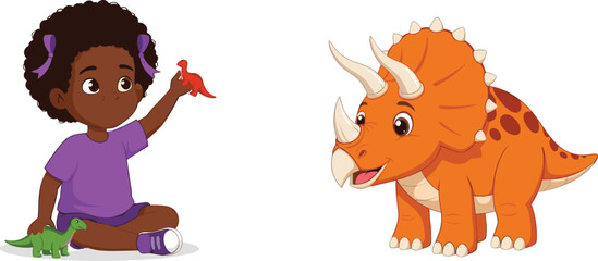 Cute little girl playing with toy dinosaurs while looking at a friendly cartoon triceratops, fun prehistoric animal illustration © Shahariar's World