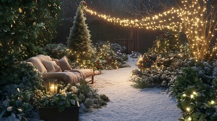 Lush greenery filled garden in a cozy Christmas setting with evergreen trees mistletoe and holly leaves dusted with snow and glowing fairy lights for a festive winter wonderland feel