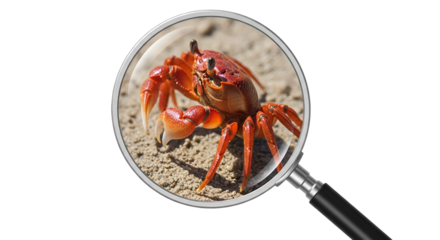 Red crab observed through magnifying glass isolated PNG with Transparent Background
