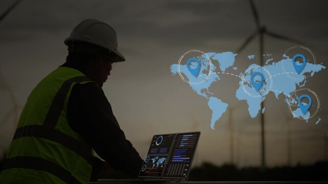 Engineer in safety vest using digital dashboard with global energy data and map interface. Concept of smart grid, renewable energy analytics, and clean technology.
