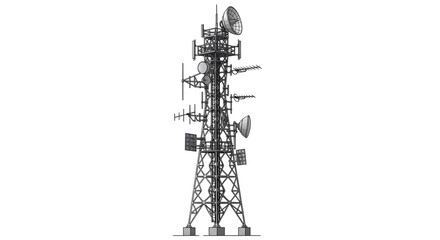 Telecommunication tower with antennas and dishes isolated PNG with Transparent Background