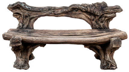 Old, gnarled wooden bench, very rough texture, hinting at a long history, isolated on Transparent background,