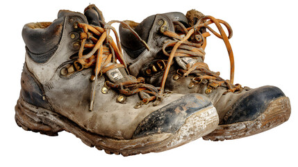Pair of worn hiking boots, laces untied, hinting at a recent trek, isolated on Transparent background,