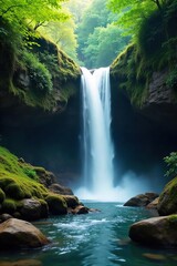 Serene waterfall cascading over mossy rocks, creating a tranquil and peaceful atmosphere perfect for relaxation and meditation Imagine the soothing sounds of nature , nature sounds, water