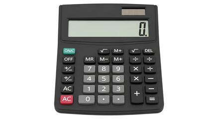 Black calculator with a zero value displayed isolated PNG with Transparent Background