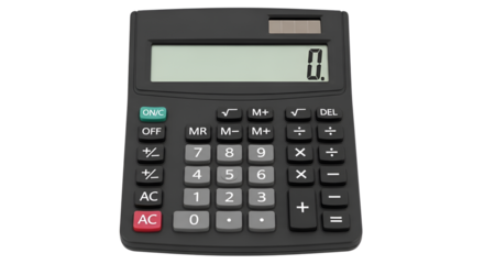 Black calculator with a zero value displayed isolated PNG with Transparent Background