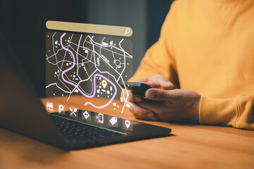 Person using smartphone and laptop with digital navigation map interface, showing location pin,...