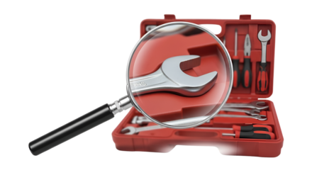 Wrench close-up under a magnifying glass with toolbox isolated PNG with Transparent Background