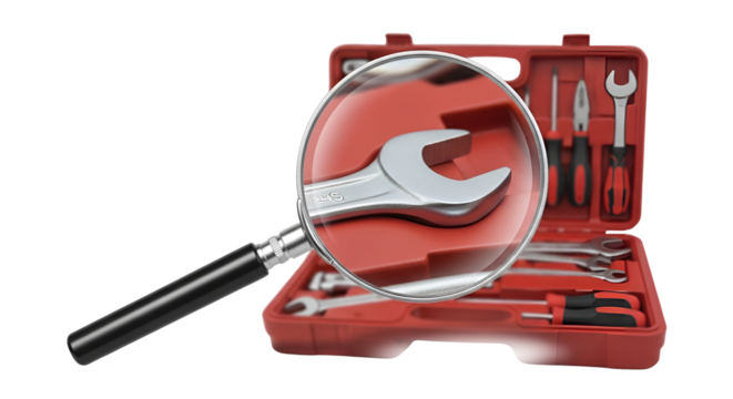 Wrench close-up under a magnifying glass with toolbox isolated PNG with Transparent Background