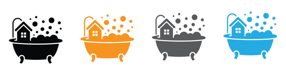 Charming house icon floats in a bubbly bathtub, symbolizing cozy relaxation, home comfort, and a refreshing escape from everyday stress, perfect for lifestyle and wellness brands
