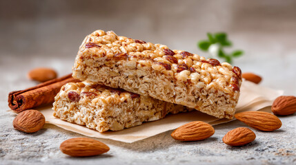 Two almond crunch protein bars on parchment paper, with almonds and cinnamon sticks neatly arranged around them