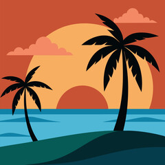 Tropical beach at sunset with palms vector natural landscape background.
