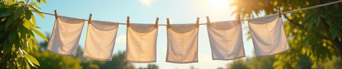 Crisp, clean, and newly-pressed linens on a clothesline, drying in the gentle breeze A scene of fresh laundry, sun-kissed and airy, radiating a sense of purity and renewal , clean, sunlight