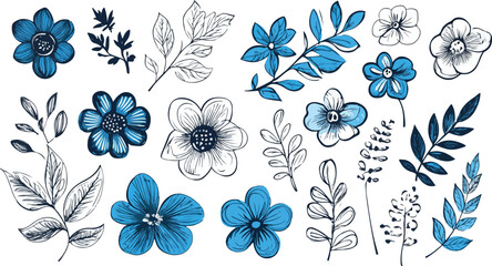 Fototapeta premium Collection of hand drawn blue watercolor flowers and botanical illustrations on white background