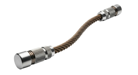 Rugged industrial skipping rope, braided bronze steel cable, knurled matte aluminum handles, pristine transparent background, evenly lit, copy space, concept of heavy-duty training equipment