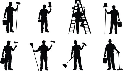 Obraz premium Silhouettes of painters with paint rollers, buckets, ladders, and cleaning tools in various standing and working positions.