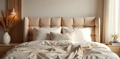 Cozy bedroom scene featuring a headboard made entirely of plush cushions in various shades of beige and cream, offering a relaxed and luxurious feel , texture, soft furnishings