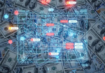 Futuristic financial data network over dollar bills
