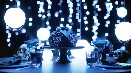 Spooky Halloween Table Setting with Skulls Candles and Web Decorations in Dark Atmosphere - Powered by Adobe