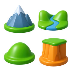Fototapeta premium 3D Plastic Icon Style Illustrative Landscape Elements with Green Hills Blue Mountains and Orange Cliff Faces