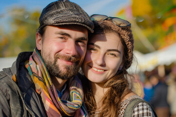 Fototapeta premium Generative AI image of beautiful autumn fair market with man woman kid family time perfect for fall harvest festival entertainment themes
