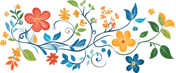 Whimsical watercolor floral swirl with blooming flowers and green leaves on white background