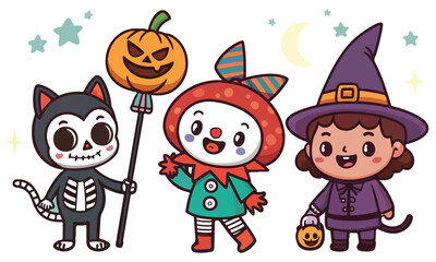 Cute Halloween Cartoon Characters – Witches, Skeletons, Pumpkins & Cats