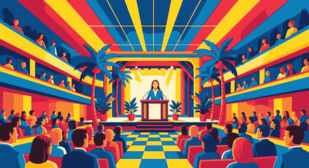 A woman gives a speech at a podium on a colorful stage to a large audience in a vibrant auditorium.