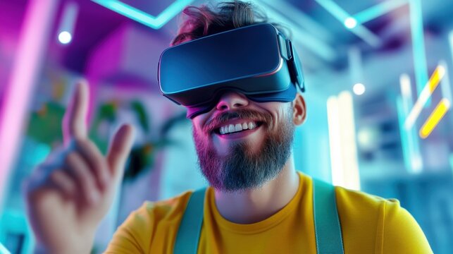 Happy man wearing VR headset in colorful modern apartment at night