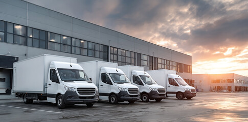 Fleet of delivery trucks parked by a distribution center, ready for expedited shipping