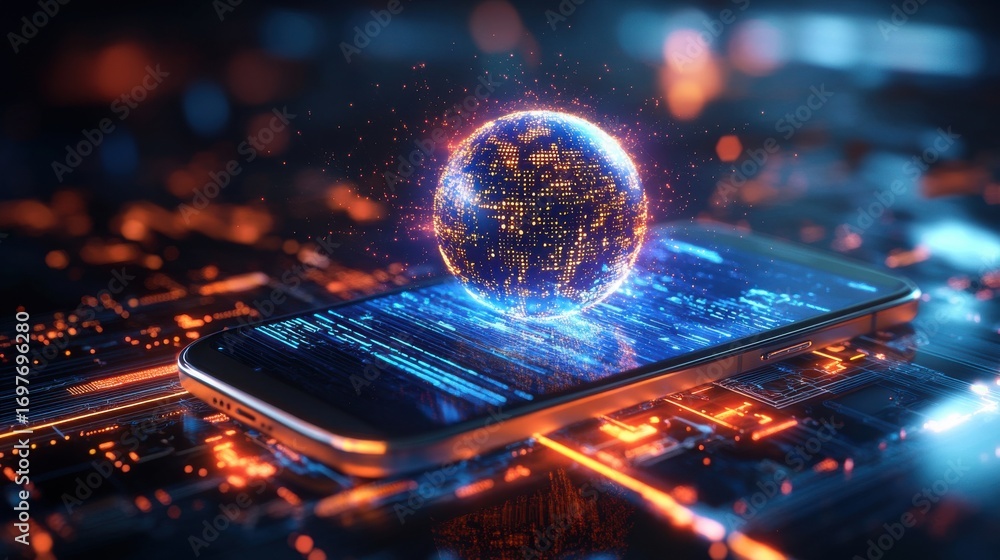 Poster glowing digital globe and smartphone in abstract night setting