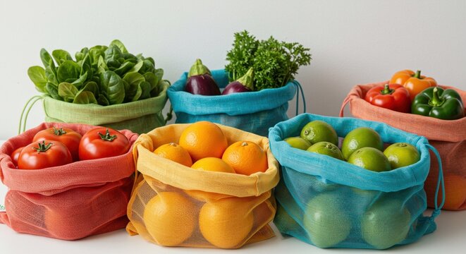 Colorful mesh bags filled with fresh fruits and vegetables on a white background