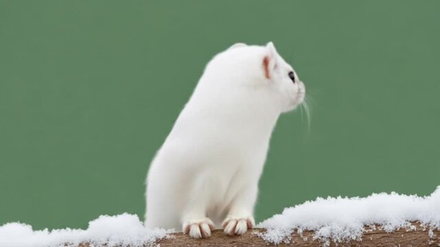 Ermine sits on snowcovered branch