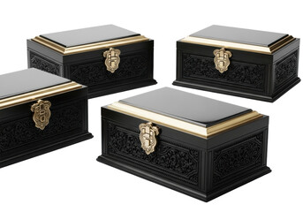 Three identical, luxurious dark ebony wood boxes with intricate carvings, polished bronze lids and ornate clasps, on a transparent studio background, concept of treasured luxury