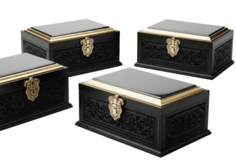 Three identical, luxurious dark ebony wood boxes with intricate carvings, polished bronze lids and ornate clasps, on a transparent studio background, concept of treasured luxury