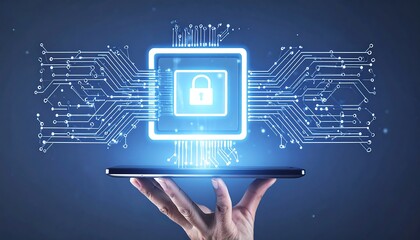 A glowing digital circuit with a lock icon floats above a hand holding a tablet, symbolizing data protection