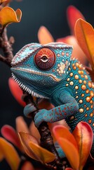 Vibrant blue chameleon perched on branch surrounded by leaves wallpaper