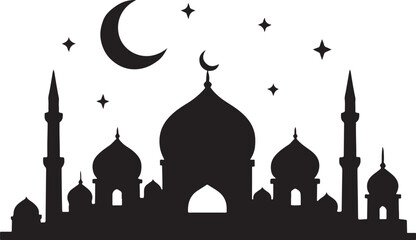 Silhouette vector of mosque skyline at night for Islamic art, decoration, and creative projects.
