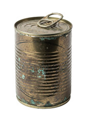 Patinated, dented oxidized bronze can with verdigris, tarnished top, bent pull tab, isolated on transparent background with copy space, concept of urban decay and forgotten relics