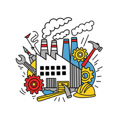 Obraz premium Industrial Factory with Tools and Gears Doodle Illustration