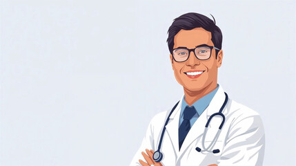 Fototapeta premium Male doctor wearing white lab coat and glasses with stethoscope around neck, vector illustration for landing page, banner, marketing, and web design, Ai generate 