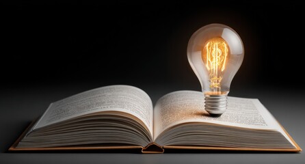 Open book with aged paper texture with illuminated lightbulb centered atop, against a contrasting dark backdrop in a symbol of enlightenment and knowledge