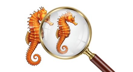 Two seahorses seen through a magnifying glass isolated PNG with Transparent Background