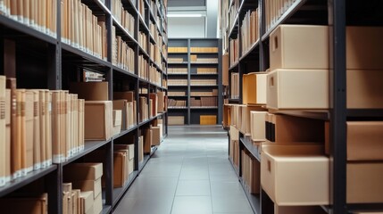 Obraz premium Organized library filled with many books and boxes, daytime