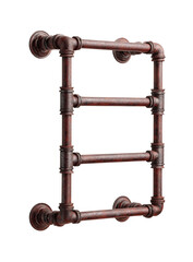 Industrial-style towel warmer.  Rustic, pipe-like design with three tiers.  Dark reddish-brown finish.  Wall-mounted
