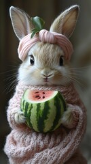 Adorable rabbit wearing pink scarf holding watermelon slice pictures