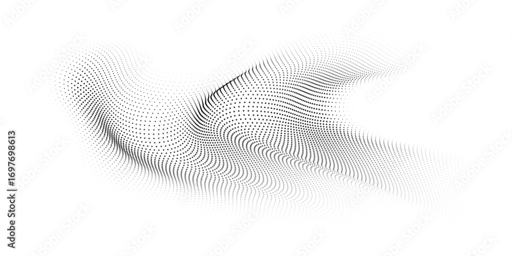 Poster flowing dots particles wave pattern 3d curve halftone black gradient curve shape isolated on transpa